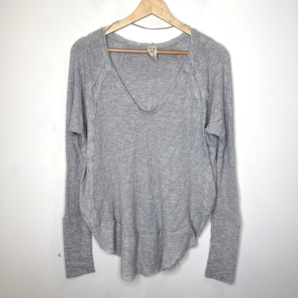 We The Free People Waffle Knit Thermal Top Cuffs Grunge V Neck Boho Distressed S